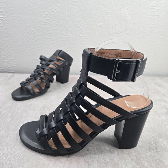 Vionic Shoes - Vionic Gladiator Block Heeled Sandals Size 7.5 Black Leather Strappy Caged Heels